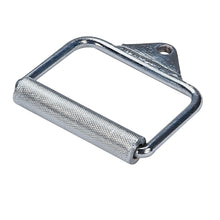 Chrome-plated D ring handle with textured grip for gym equipment.