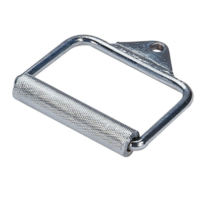 Chrome-plated D ring handle with textured grip for gym equipment.