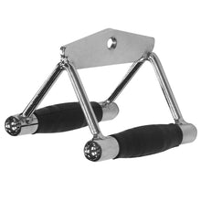 Chrome lat pulldown attachment with textured rubber grips for gym equipment.
