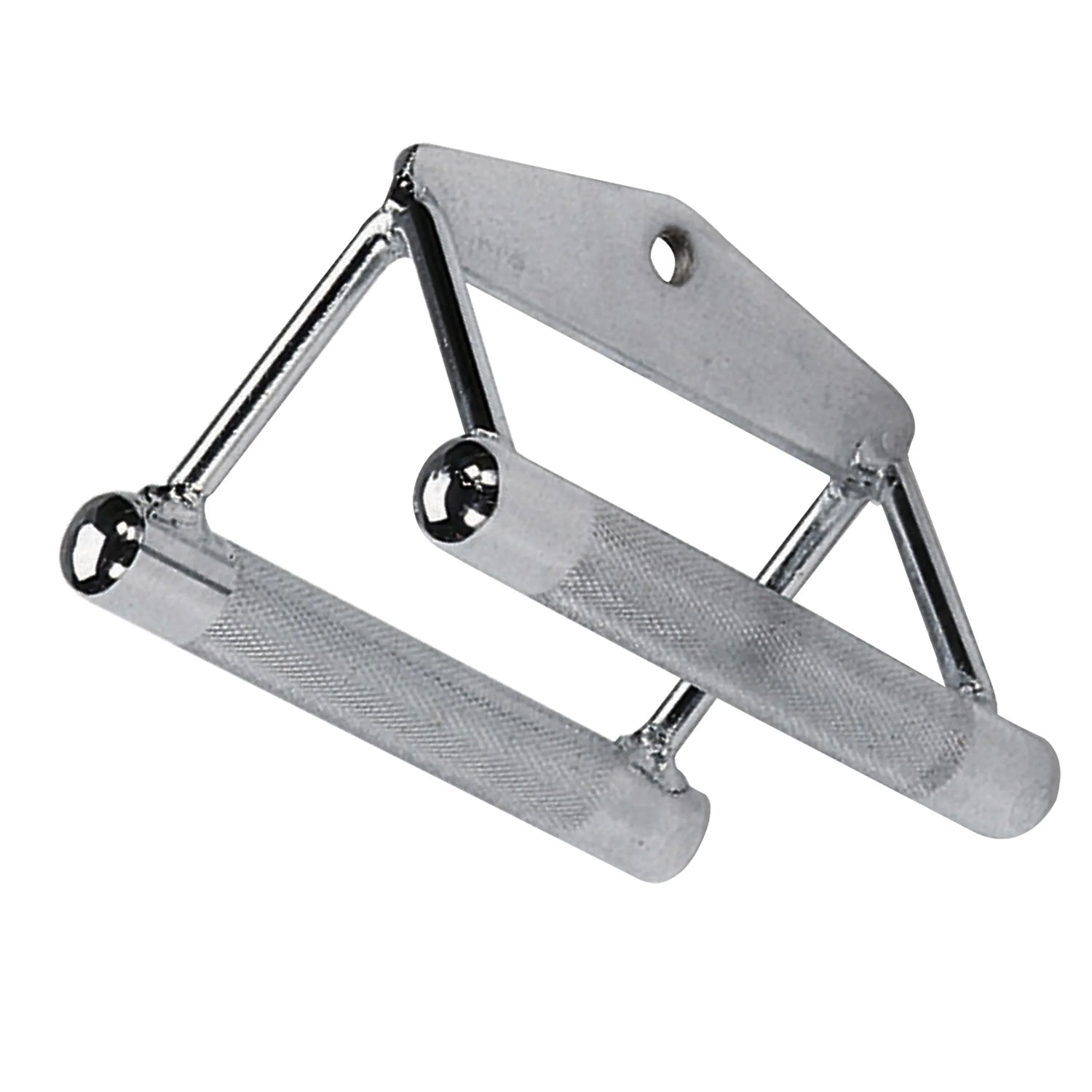 Chrome double D handle with knurled grips for gym cable machines.