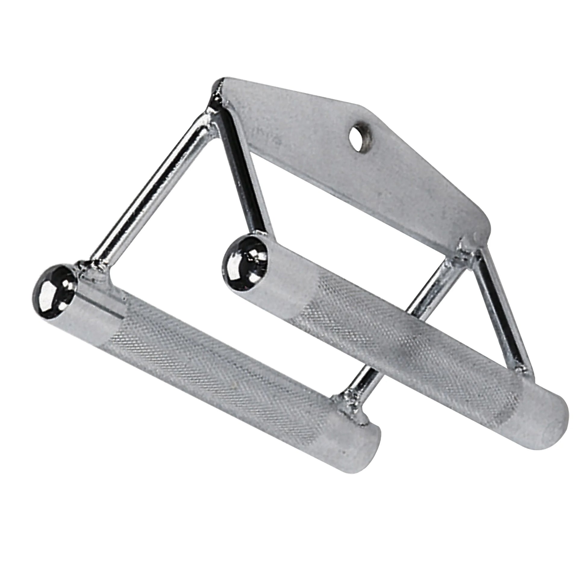 Chrome double D handle with knurled grips for gym cable machines.