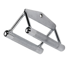Chrome double D handle with knurled grips for gym cable machines.