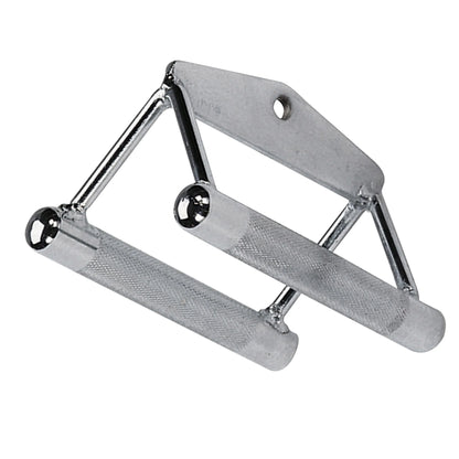 Chrome double D handle with knurled grips for gym cable machines.