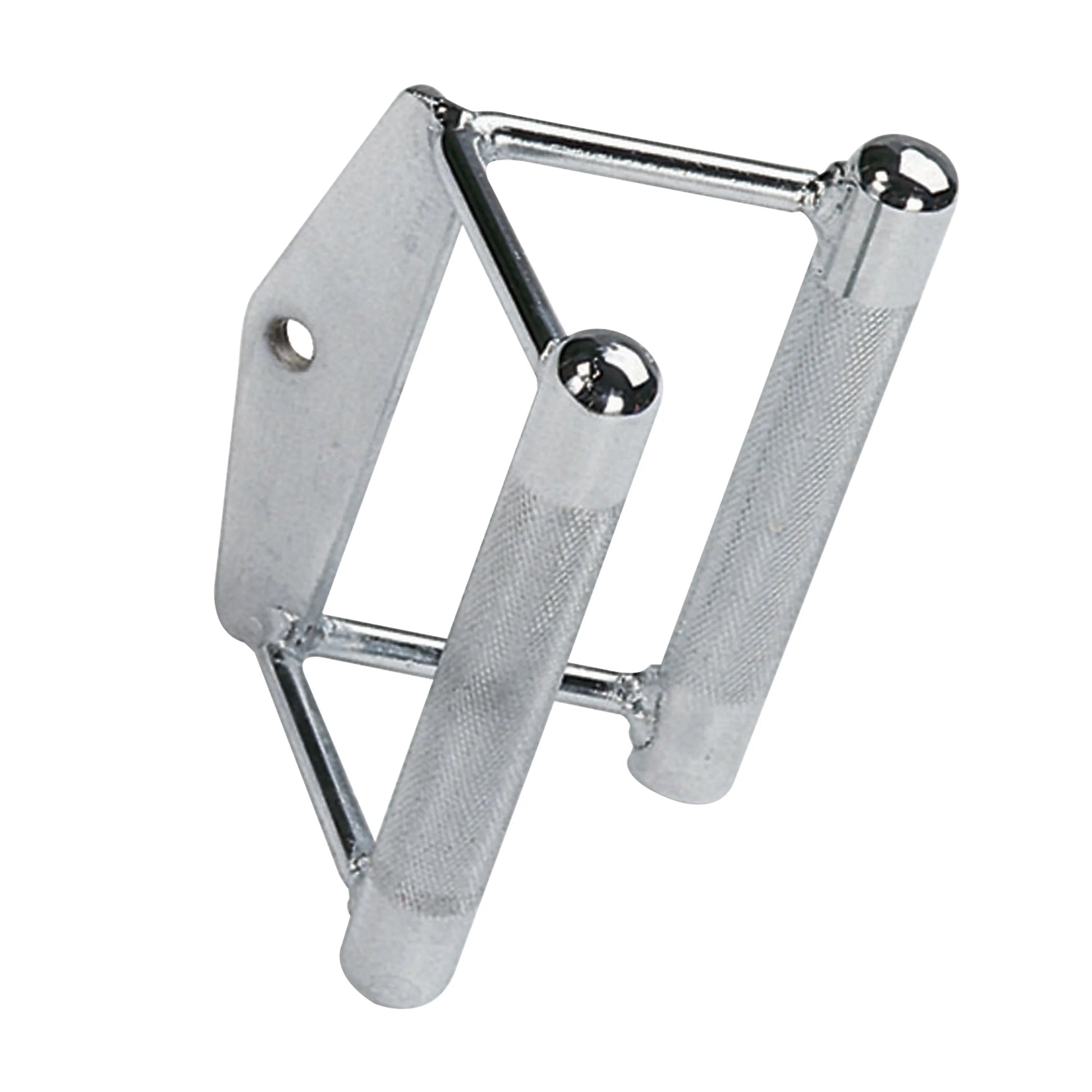 Chrome double D handle with knurled grips for cable machine exercises.