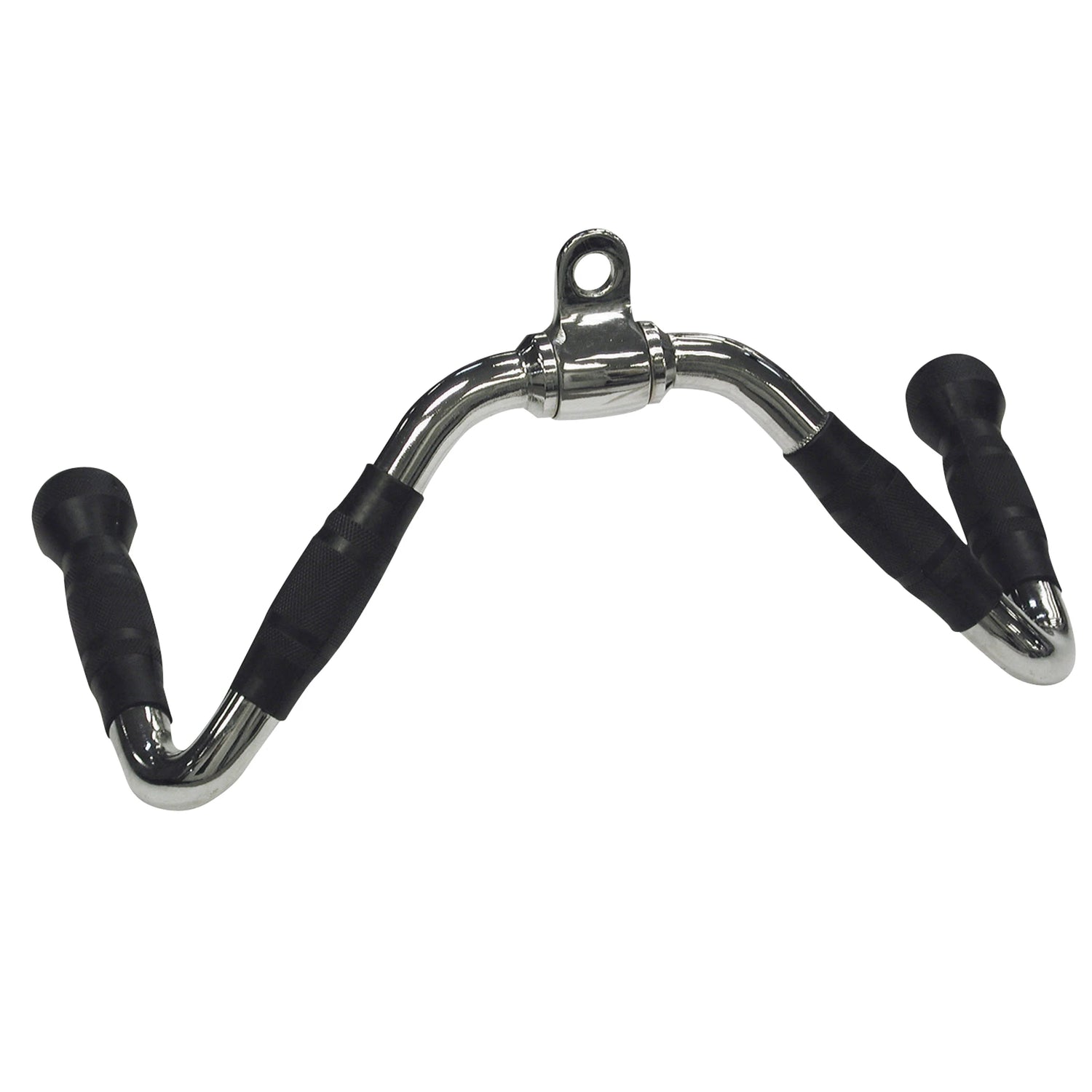 Chrome row handle with black rubber grips for gym use.