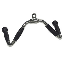 Chrome row handle with black rubber grips for gym use.