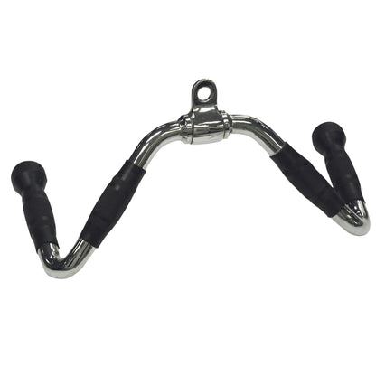 Chrome row handle with black rubber grips for gym use.