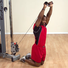 Man performs tricep cable extension in red athletic outfit on gym machine.