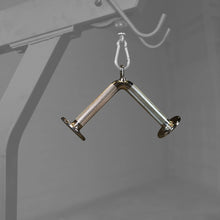 Chrome cable machine attachment with knurled handles for gym workouts.