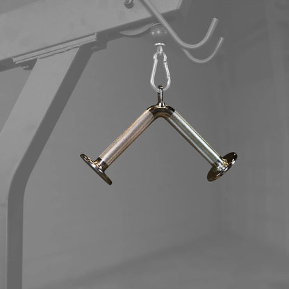 Chrome cable machine attachment with knurled handles for gym workouts.