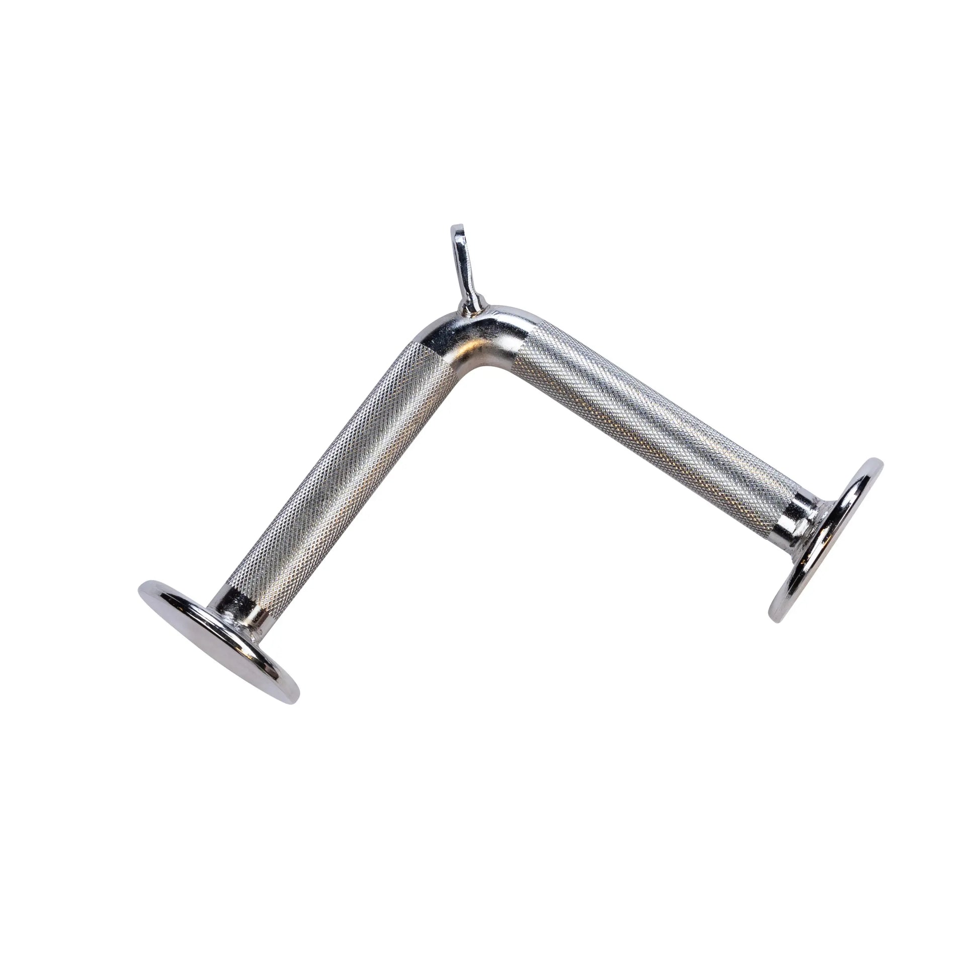 Stainless steel gym cable attachment with knurled handles for enhanced grip.