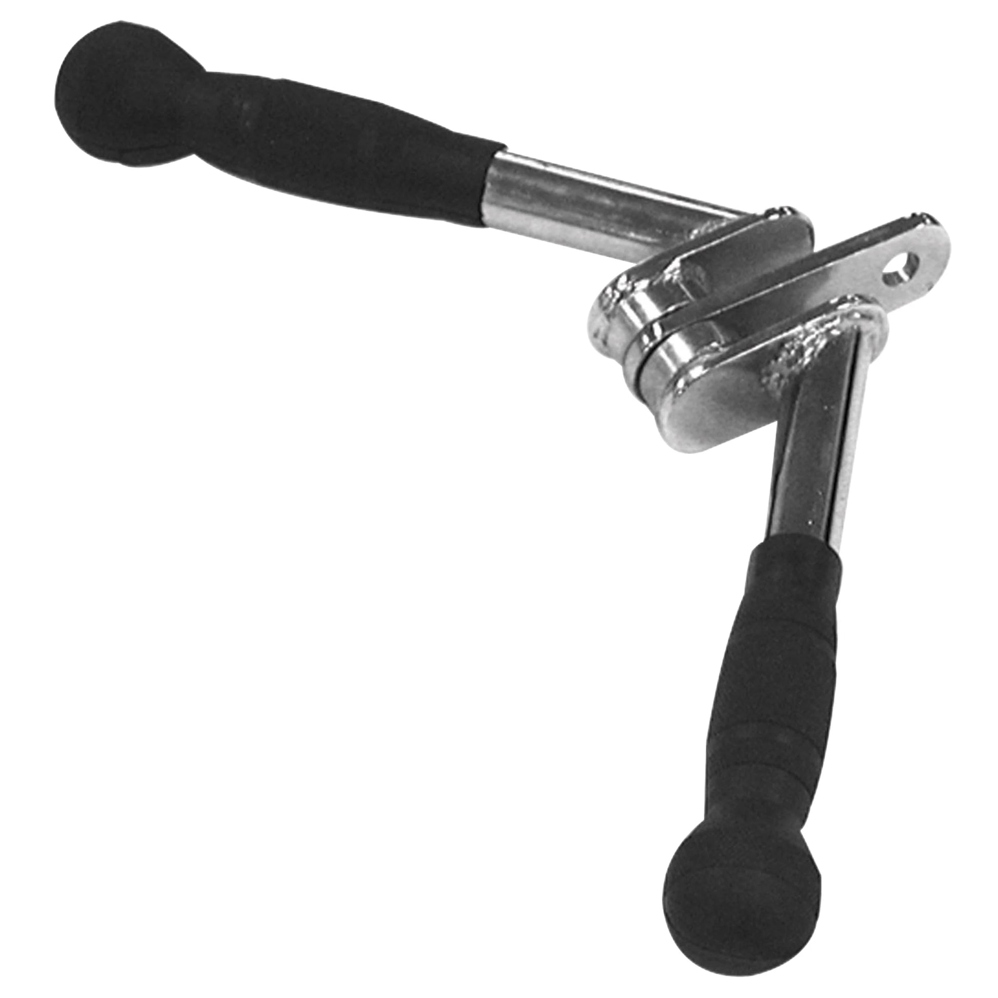 Black rubber-coated cable clamp lever with dual handles for secure grip.