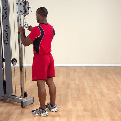 Man in red workout attire using Body-Solid cable machine for tricep exercise.