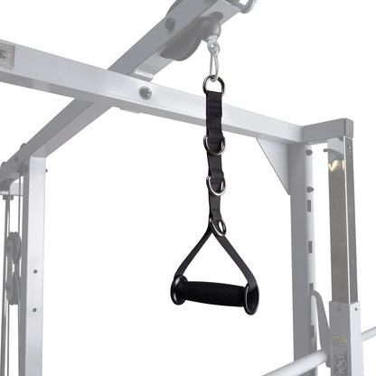 Cable machine handle with adjustable nylon strap and black grip for gym workouts.