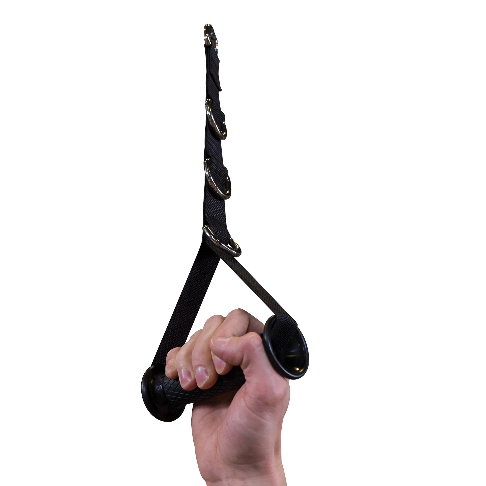 Hand holding black D-ring resistance band for fitness.