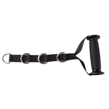 Black gym cable attachment with four metal D-rings and textured rubber grip handle.