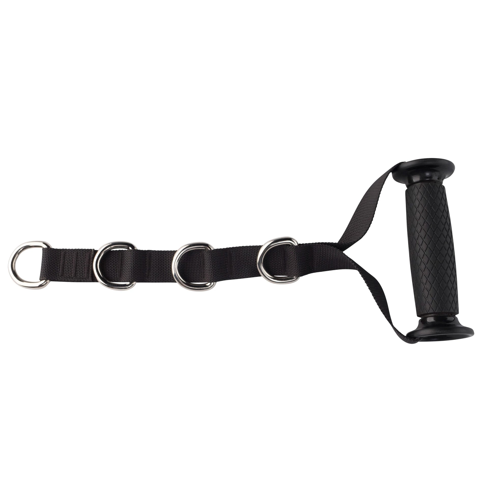 Black gym cable attachment with four metal D-rings and textured rubber grip handle.