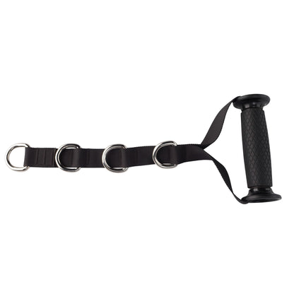 Black gym cable attachment with four metal D-rings and textured rubber grip handle.