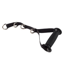 Black rubber grip stirrup handle with adjustable nylon strap and metal rings for cable machine exercises.