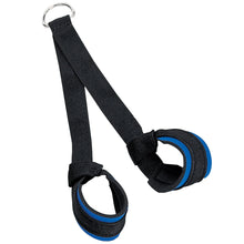 Black neoprene ankle straps with blue padding for fitness equipment.