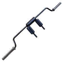 Black safety squat bar with padded shoulder rests for comfortable weightlifting.