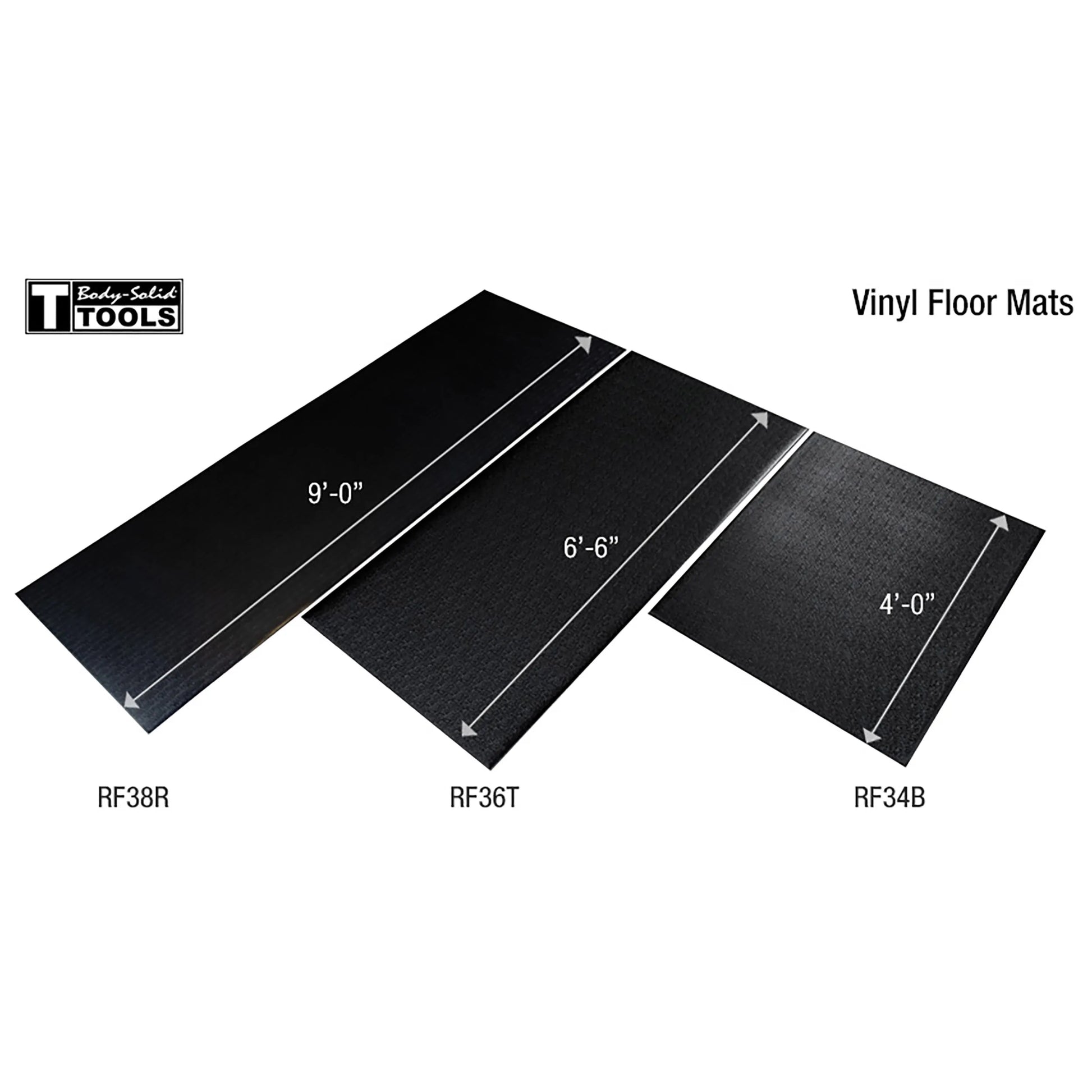 Body-Solid Tools vinyl floor mats in black, sizes 9'0, 6'6, and 4'0.