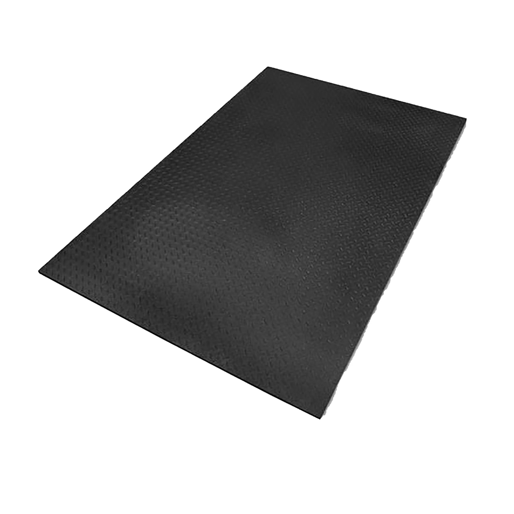 Black rubber gym mat with textured surface for enhanced grip.