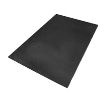 Black rubber gym mat with textured surface for enhanced grip.