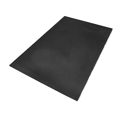 Black rubber gym mat with textured surface for enhanced grip.