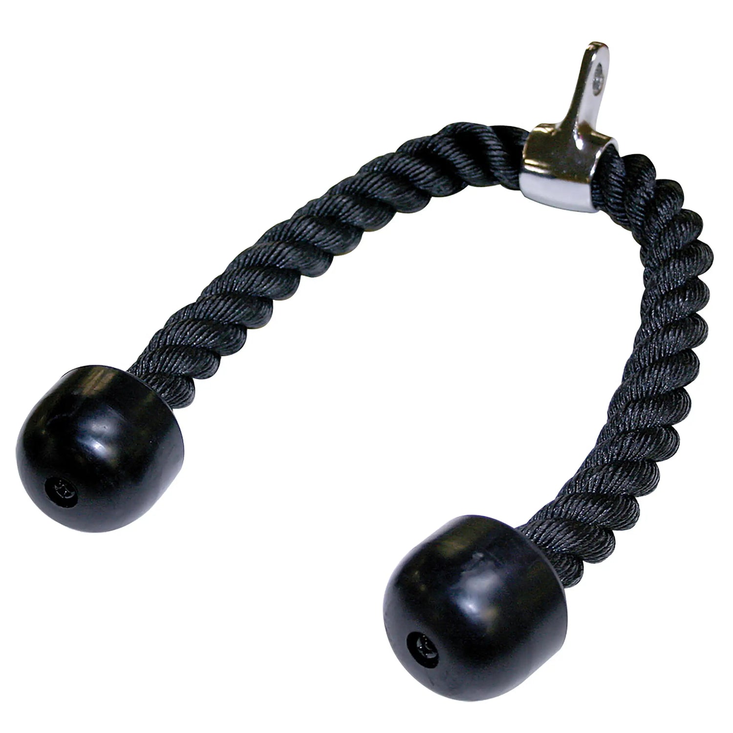 Black tricep rope attachment with rubber ends for gym cable machines.