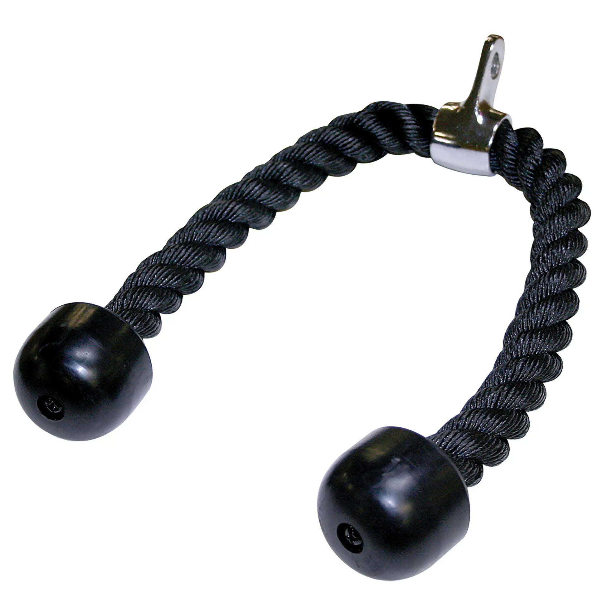 Black tricep rope attachment with rubber ends for gym cable machines.