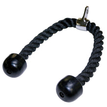 Black tricep rope attachment with rubber ends for gym cable machines.
