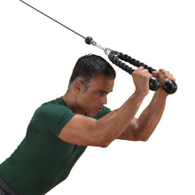 Man performing tricep pushdown exercise with a black cable rope attachment.
