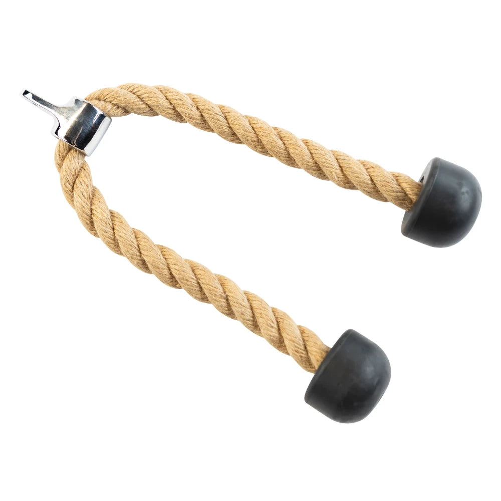 Tricep rope attachment with beige twisted rope and black rubber ends for gym workouts.