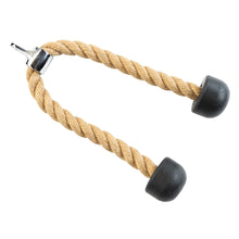 Tricep rope attachment with beige twisted rope and black rubber ends for gym workouts.