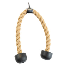 Tricep rope attachment with natural fiber and black rubber ends for gym workouts.