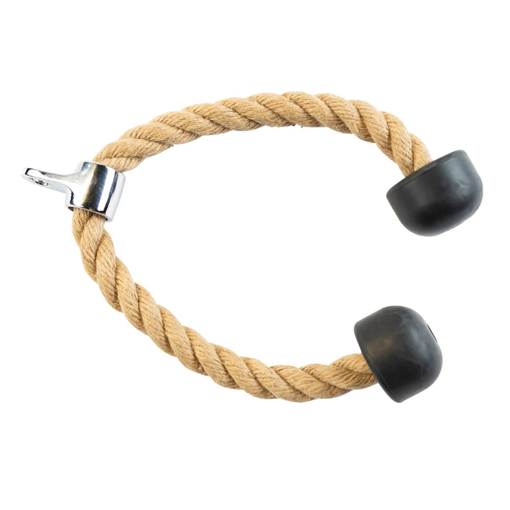 Tricep rope attachment with natural fiber and rubber ends for gym equipment.