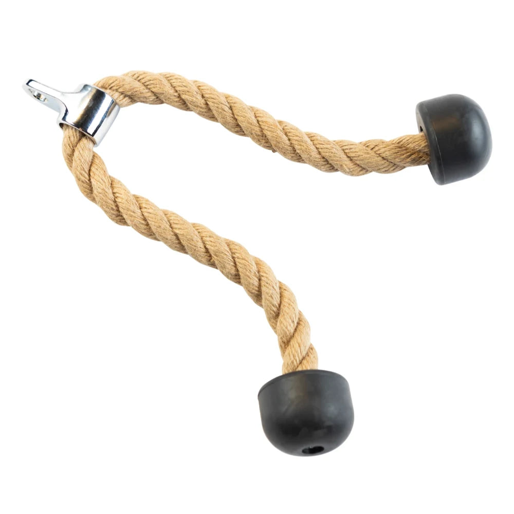 Tricep rope attachment with natural fiber and black rubber ends for gym workouts.