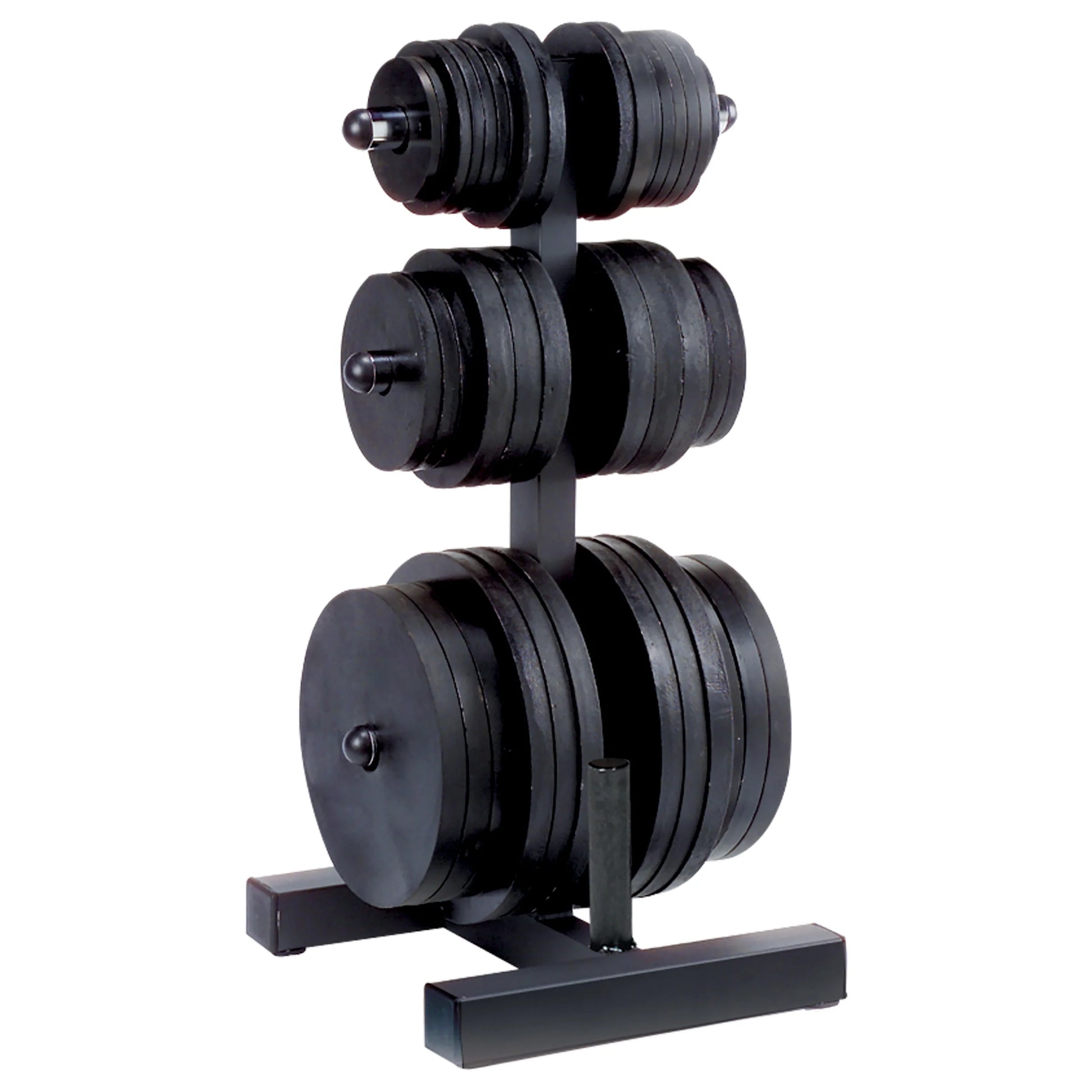 Weight plate rack with black plates organized in three rows for gym storage.