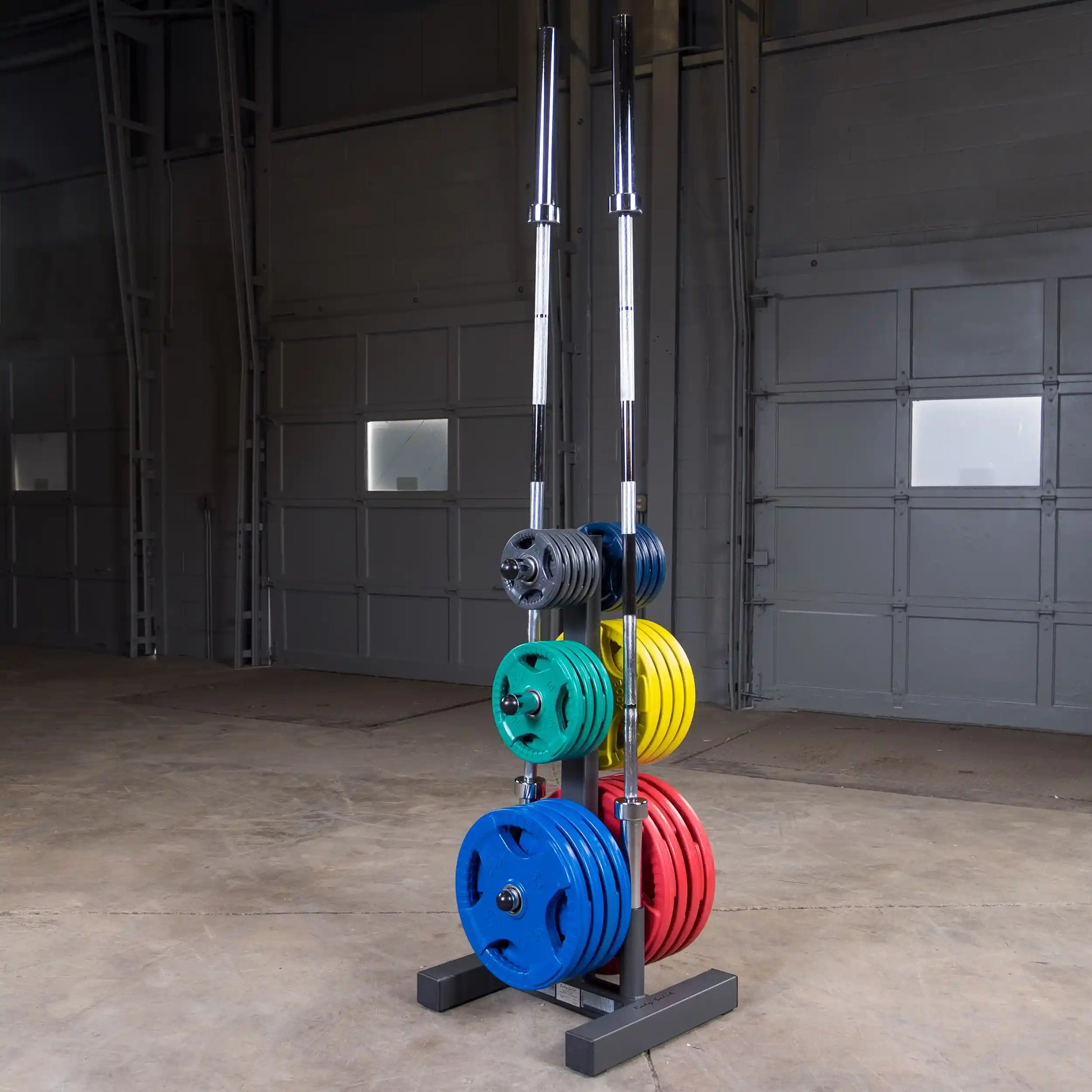 Barbell weight set with colorful plates on a stand in a gym.