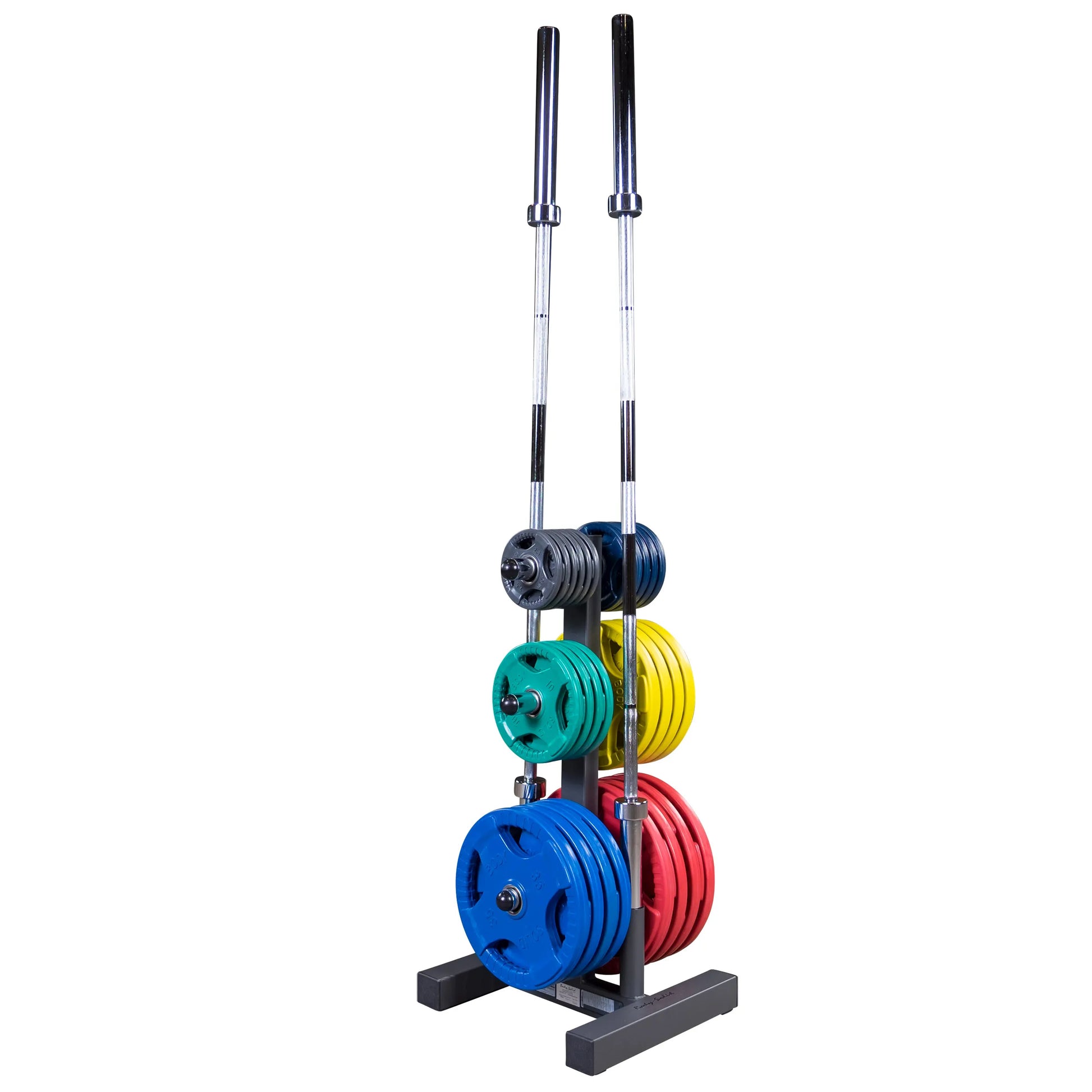 Colorful weight plates on rack with two barbells, ideal for home gym setup.