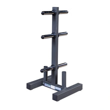PowerBlock weight plate rack with six chrome pegs for organized gym storage.