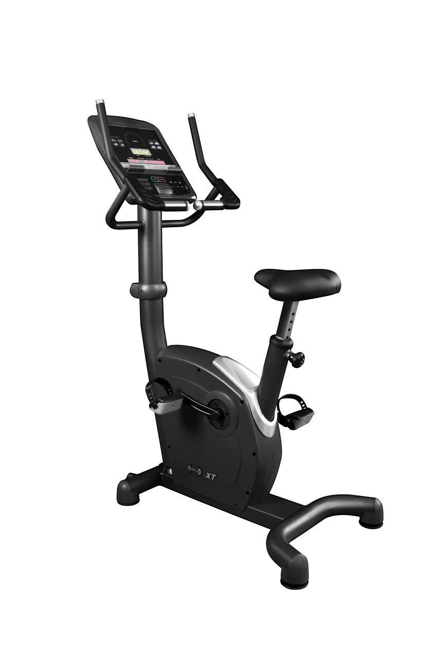 Recumbent exercise bike with digital console and handlebars.