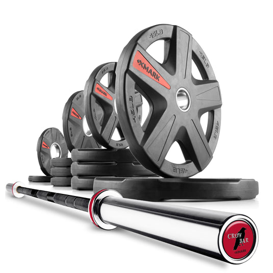 XMARK weight plates and barbell with bumper plates.