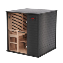 Black cedar sauna room with glass door and wooden bench next to exercise bike.