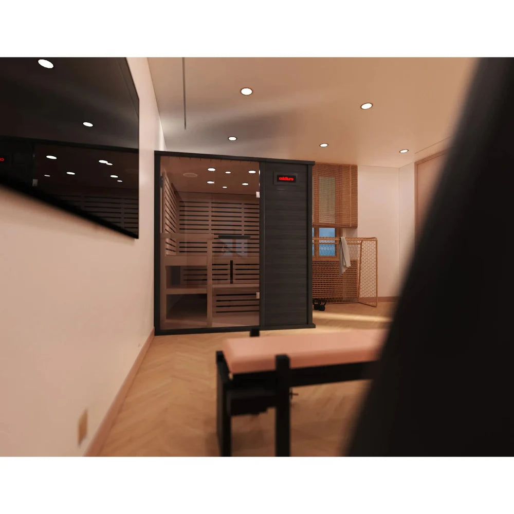 Indoor sauna room with dark wood panels and soft lighting, featuring Clearlight infrared technology.