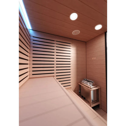 Modern wooden sauna with LED lighting and electric heater.
