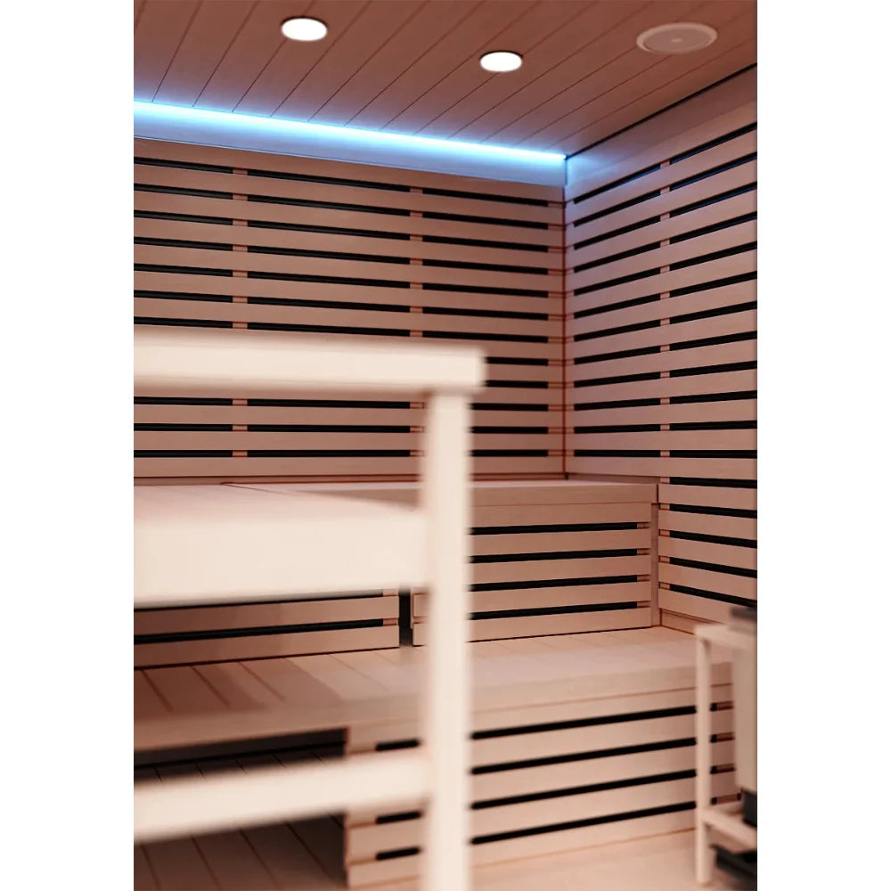 Modern wooden sauna interior with ambient LED lighting.