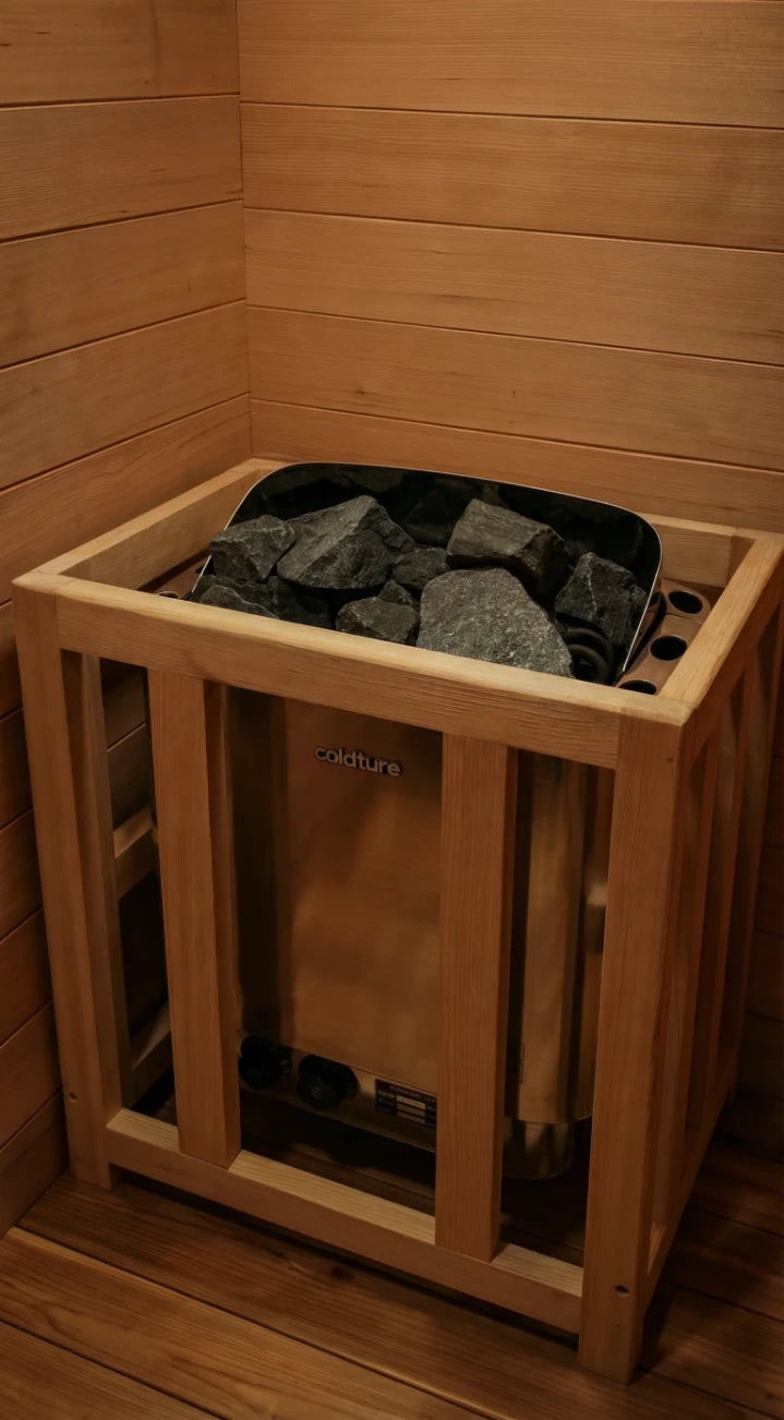 Cedar sauna interior with wooden benches and walls, featuring a black metal basket filled with gray sauna stones on the heater below.