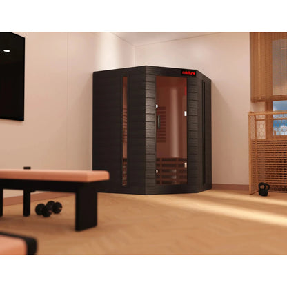Caldhure infrared sauna in a modern room with wooden accents and a sleek black design.